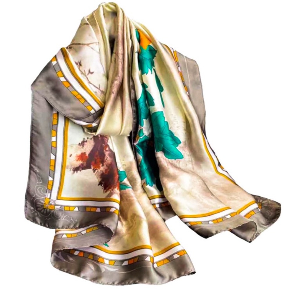 🌹🆕 Silky Scarf Wrap Shawl with Gray Ivory Teal Design - Picture 10 of 11